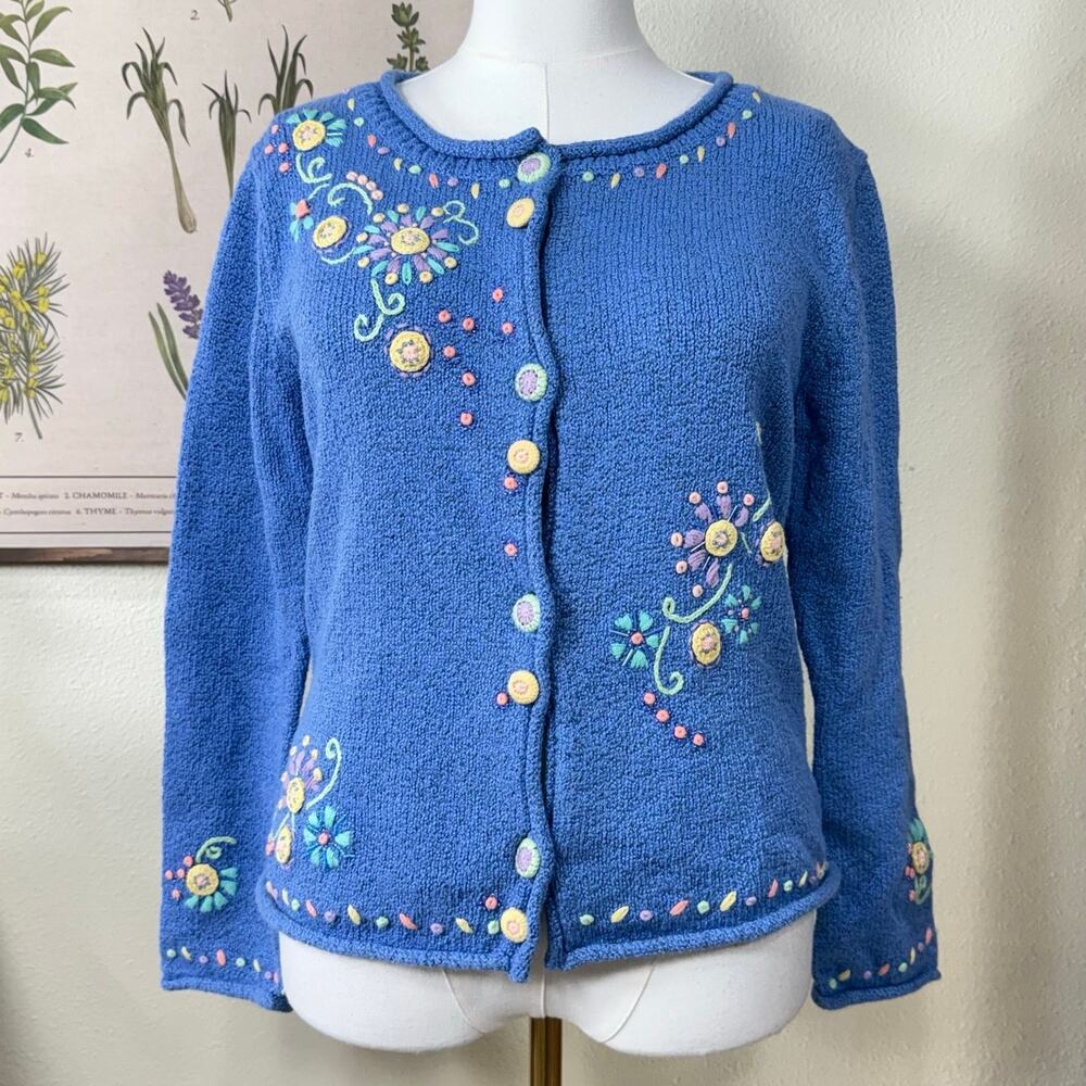 90s Y2k Floral Embroidered Beaded Cardigan Sweater Whimsy Twee Cottage Fairy L